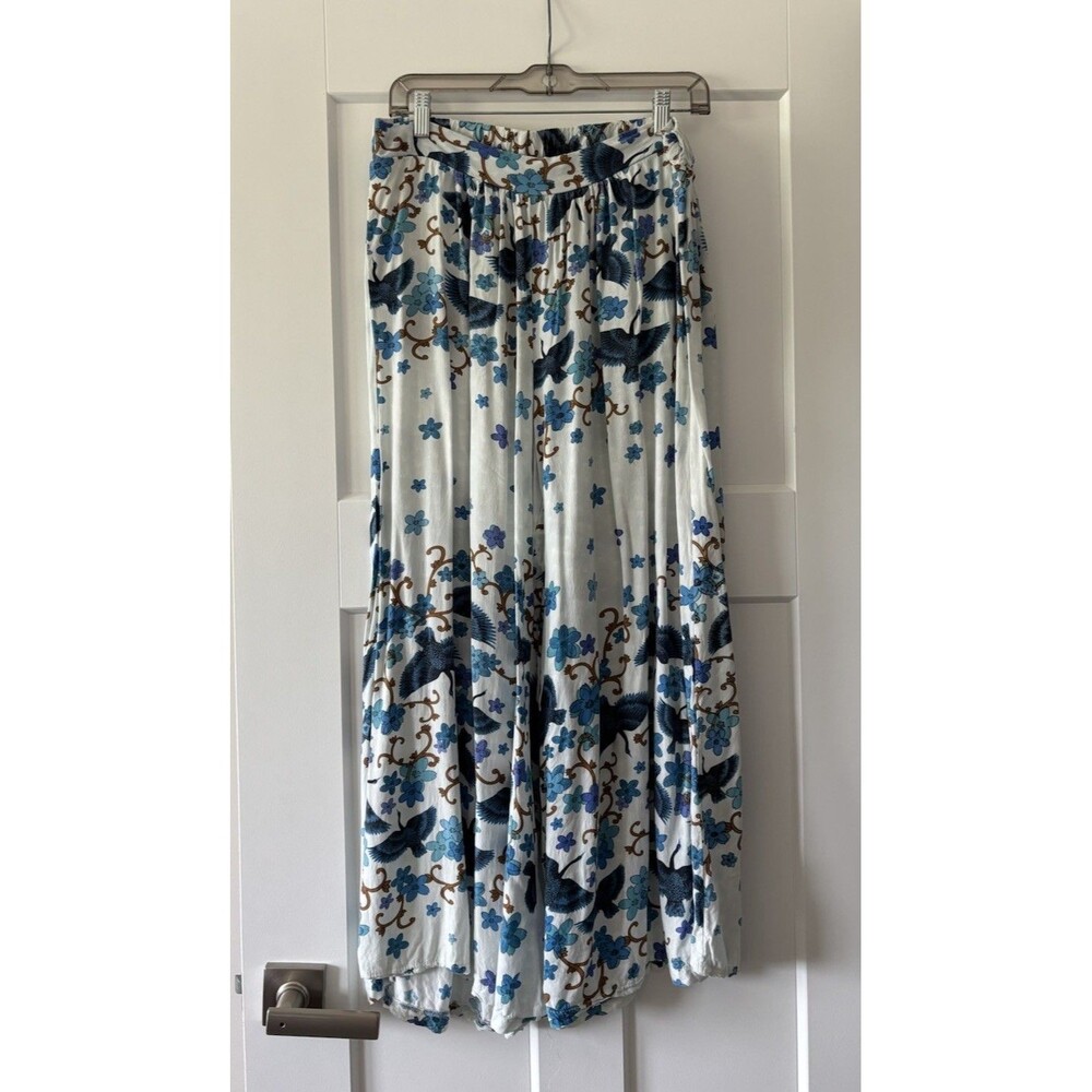 Jaase Boho Flowy Rayon Wide Leg Blue Floral Bird Palazzo Pants Large